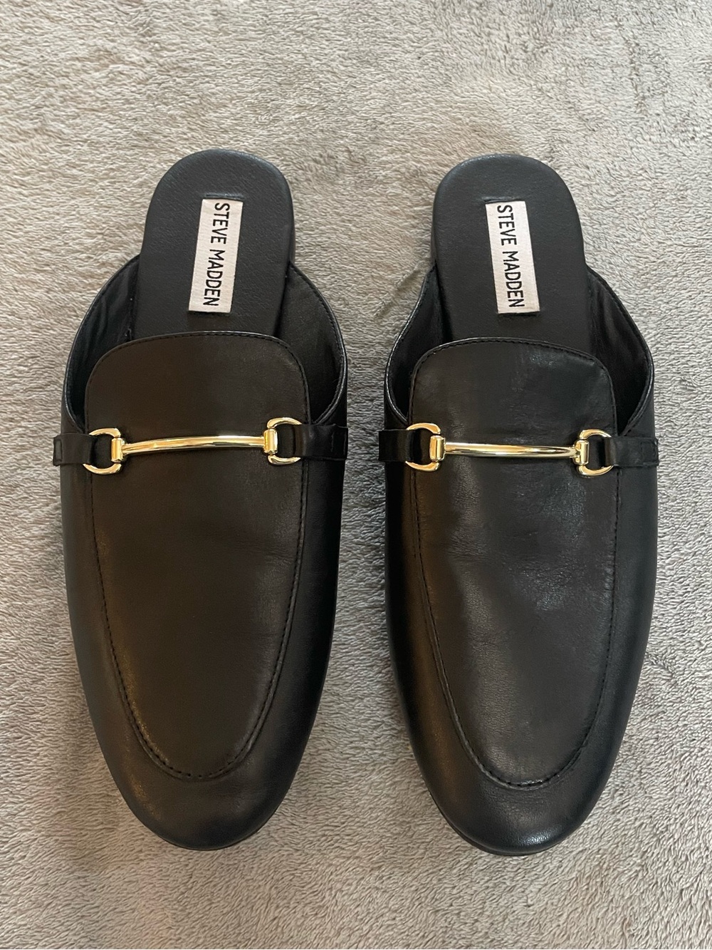 Steve Madden Galilea Black Leather Gold Horsebit Mules Size 8.5 Classic Timeless
